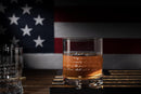 2nd Amendment American Flag Whiskey Glasses, Set of 4 Hand Blown Old Fashioned Whiskey Rocks Glasses, Wood Flag Tray with Patriots Gun Rights Law & Military Gift Set