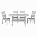 6-Piece Retro 59"L Rectangular Dining Table Set, Table with Unique Legs and 4 Upholstered Chairs & 1 Bench for Dining Room and Kitchen (White)