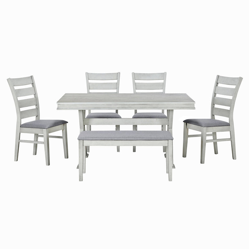 6-Piece Retro 59"L Rectangular Dining Table Set, Table with Unique Legs and 4 Upholstered Chairs & 1 Bench for Dining Room and Kitchen (White)