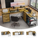 Industrial L Shaped Computer Desk With Power Outlets & USB-C, 6 Fabric Drawers, 3 Open Shelves, Movable Monitor Stands - Brown by HouseOfZazla