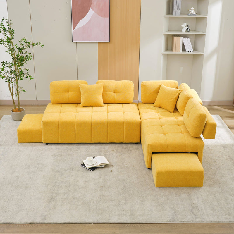 91.73" L-shaped Sofa Sectional Sofa Couch with 2 Stools and 2 Lumbar Pillows for Living Room, Yellow