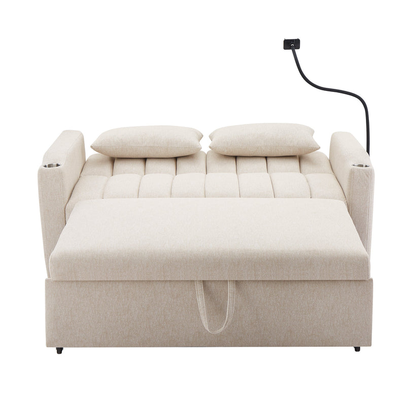 55.9" Convertible Sofa Bed Loveseat Sofa with Three USB Ports, Two Side Pockets, Two Cup Holders and 360Swivel Phone Holder for Living Room, Beige