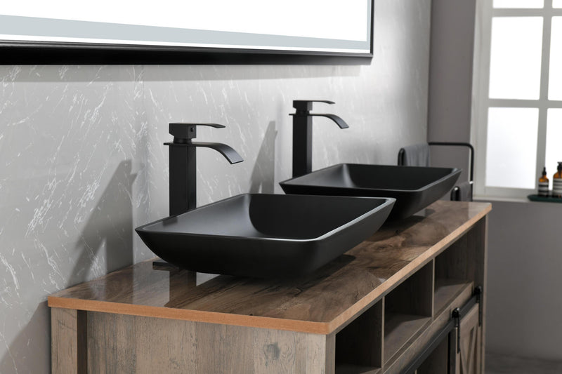 14.38" L -22.25" W -4-3/8 in. H Matte Shell Glass Rectangular Vessel Bathroom Sink in Black with Faucet and Pop-Up Drain in Matte Black