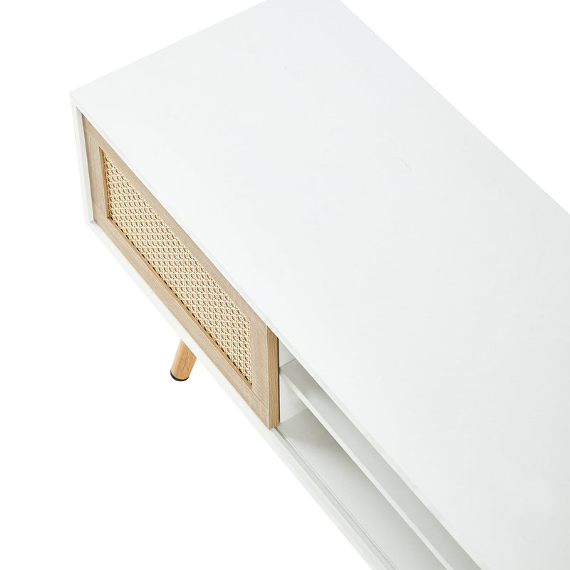 55.12" Rattan TV cabinet, double sliding doors for storage, adjustable shelf, solid wood legs, TV console for living room, White