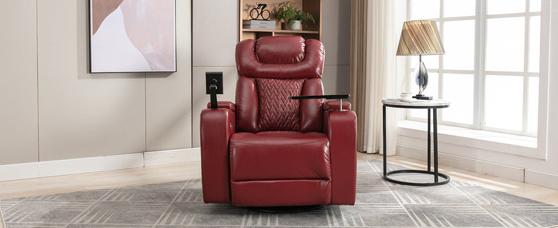 270 Degree Swivel PU Leather Power Recliner Individual Seat Home Theater Recliner with Comforable Backrest, Tray Table, Phone Holder, Cup Holder, USB Port, Hidden Arm Storage for Living Room, Red