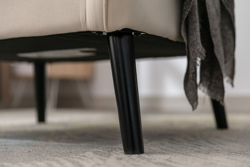 Accent chair, KD solid wood legs with black painting. Fabric cover the seat. With a cushion.