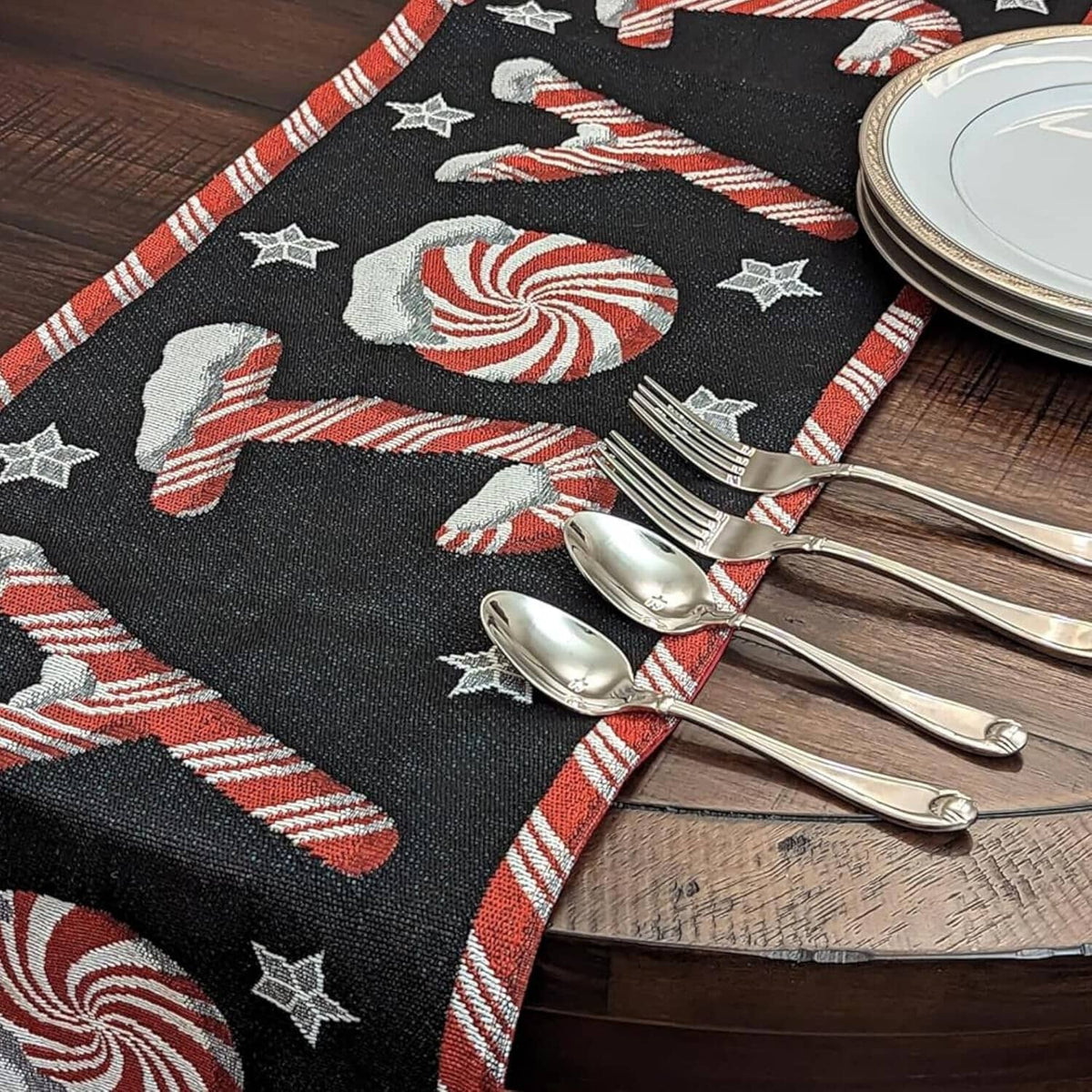 DaDa Bedding Peppermint Joy Red Black Holiday Tapestry Dining Table Runner (12904), photo 5 of 19