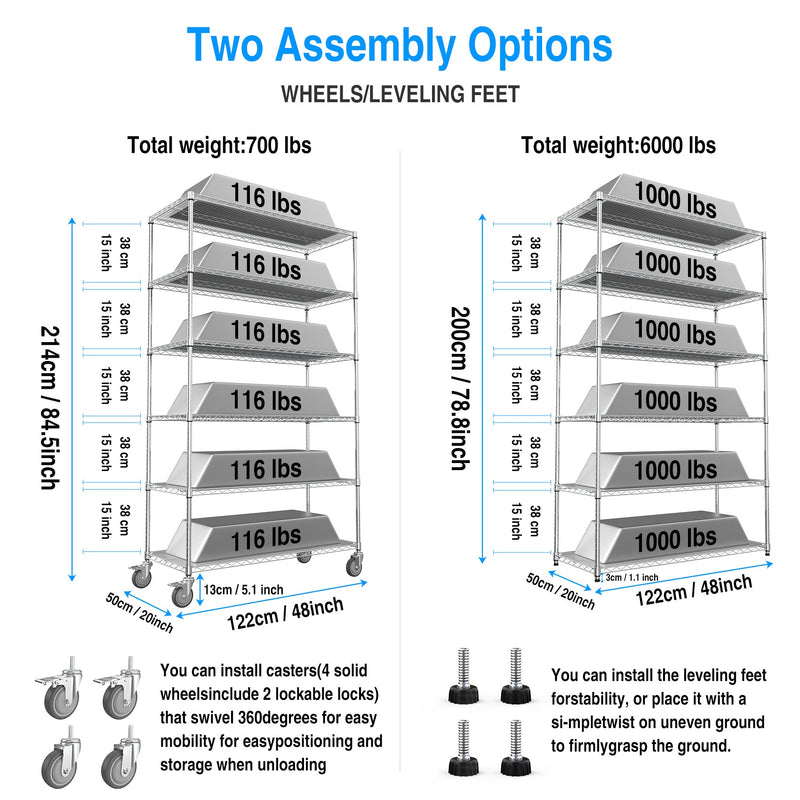 6 Tier Wire Shelving Unit, 6000 LBS NSF Height Adjustable Metal Garage Storage Shelves with Wheels, Heavy Duty Storage Wire Rack Metal Shelves - Chrome - 204882