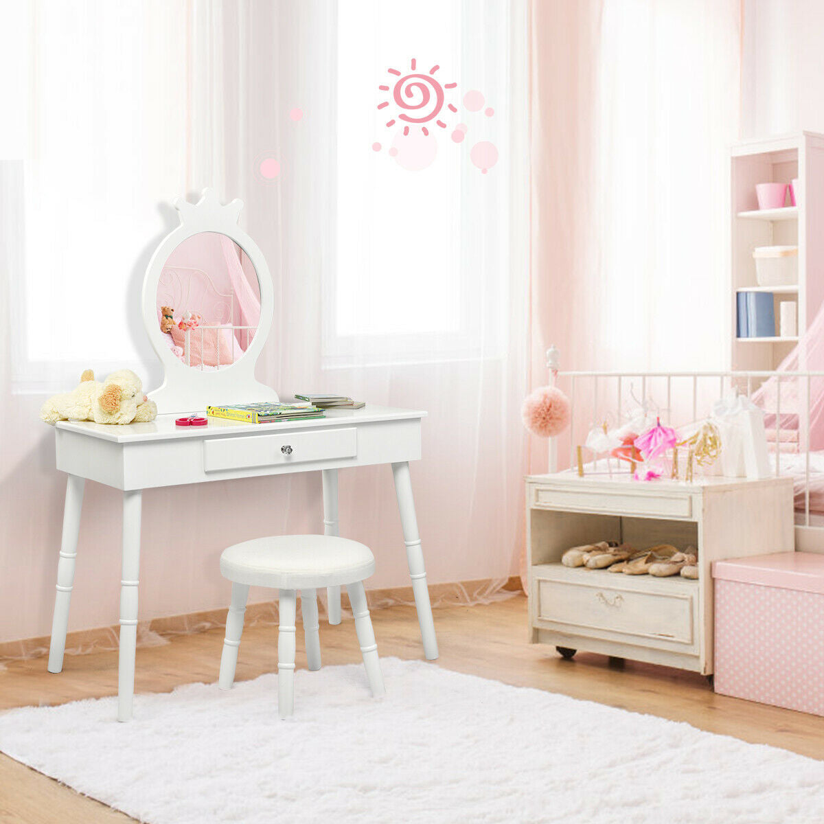 Kids Vanity Makeup Table & Chair Set Make Up Stool-White, photo 6 of 8