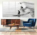 Surfers on Waves Wall Art Canvas Print – Framed Black and