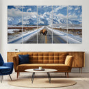 Bison Wall Art - Snowy Road Wall Art – Framed Mountain by MyGreatCanvas | Canvas Wall Art Prints | Photo Prints & Wall Decor