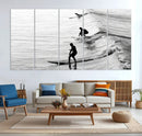 Surfers on Waves Wall Art Canvas Print – Framed Black and