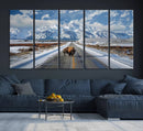 Bison Wall Art - Snowy Road Wall Art – Framed Mountain by MyGreatCanvas | Canvas Wall Art Prints | Photo Prints & Wall Decor