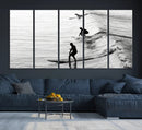 Surfers on Waves Wall Art Canvas Print – Framed Black and