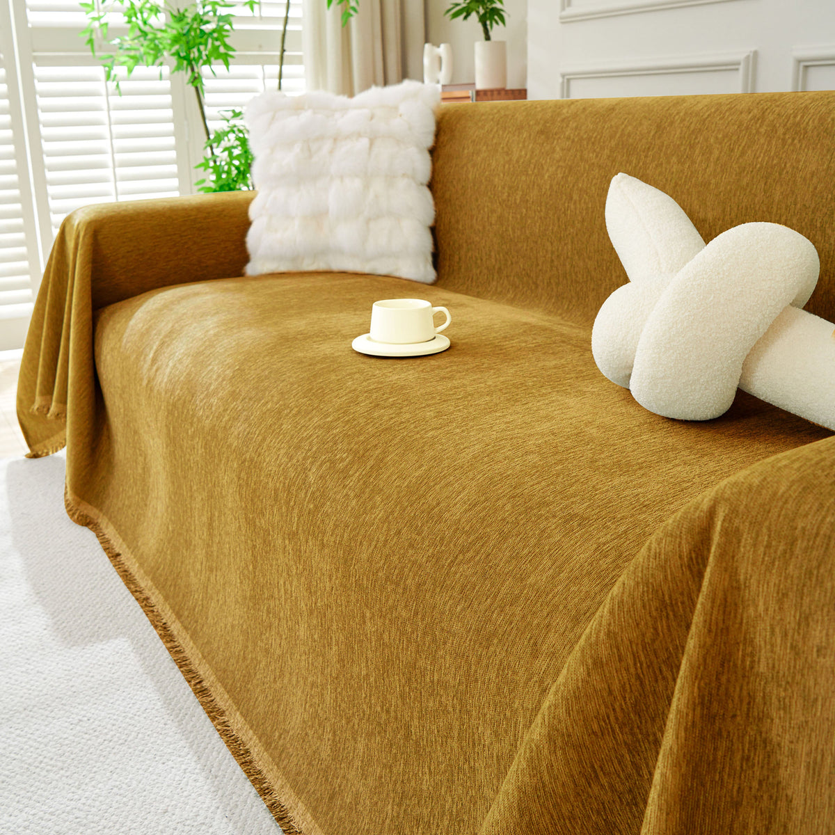 Solid Color Chenille Sofa Throw Blanket, Modern Decor Soft Couch Cover with Fringes, photo 5 of 42