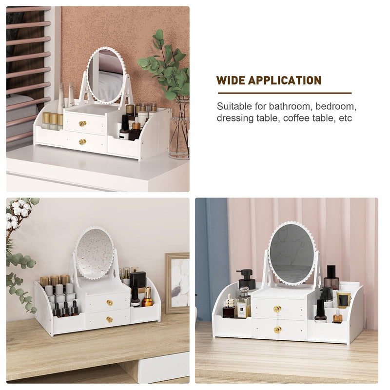 Cosmetics Storage for Vanity with Rotating Mirror, 2 Drawers and 4 Compartments Makeup Storage