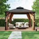 12 x 12 Feet Double-Roof Patio Hardtop Gazebo with Galvanized Steel Roof Netting and Curtains-Coffee by DirectDeals