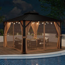 12 x 12 Feet Double-Roof Patio Hardtop Gazebo with Galvanized Steel Roof Netting and Curtains-Coffee by LJGDeals