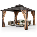 12 x 12 Feet Double-Roof Patio Hardtop Gazebo with Galvanized Steel Roof Netting and Curtains-Coffee by DirectDeals