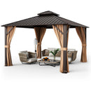 12 x 12 Feet Double-Roof Patio Hardtop Gazebo with Galvanized Steel Roof Netting and Curtains-Coffee by LJGDeals