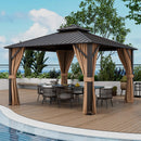 12 x 12 Feet Double-Roof Patio Hardtop Gazebo with Galvanized Steel Roof Netting and Curtains-Coffee by DirectDeals