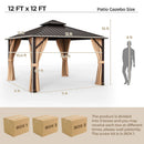 12 x 12 Feet Double-Roof Patio Hardtop Gazebo with Galvanized Steel Roof Netting and Curtains-Coffee by LJGDeals