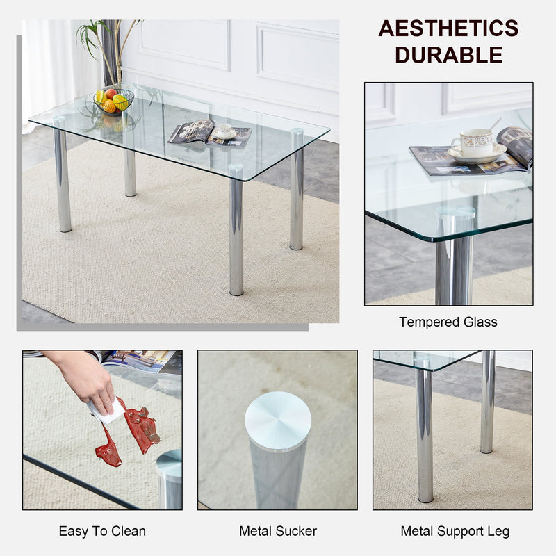 A modern minimalist style glass dining table. Transparent tempered glass tabletop with a thickness of 0.3 feet and silver metal legs. Suitable for restaurants and living rooms. 63 "x 35.4" x 30"