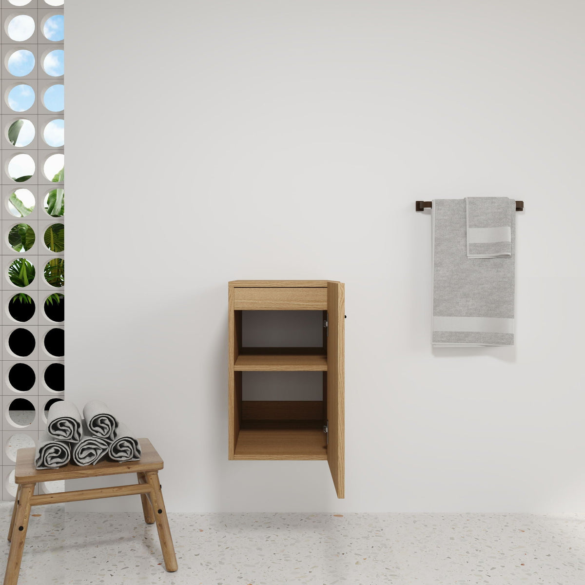 Floating Bathroom Vanity Single Door Base Cabinet, Wall Mounted Storage - Light Oak, photo 2 of 18