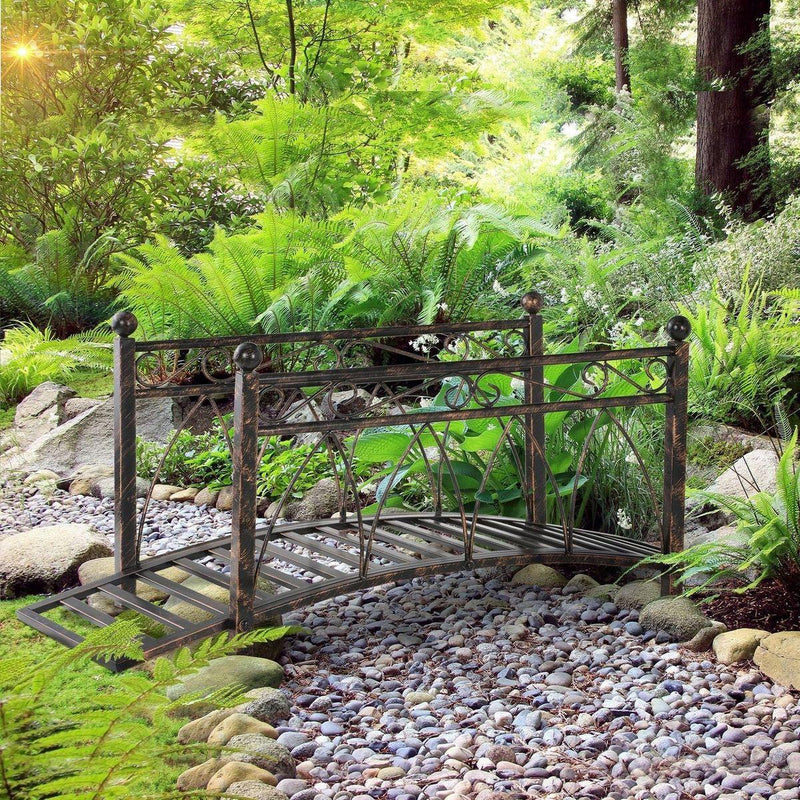 3.3' Metal Arch Zen Garden Bridge with Safety Siderails, Decorative Footbridge, Delicate Scrollwork & Corner Spheres for Stream, Fish Pond, Bronze