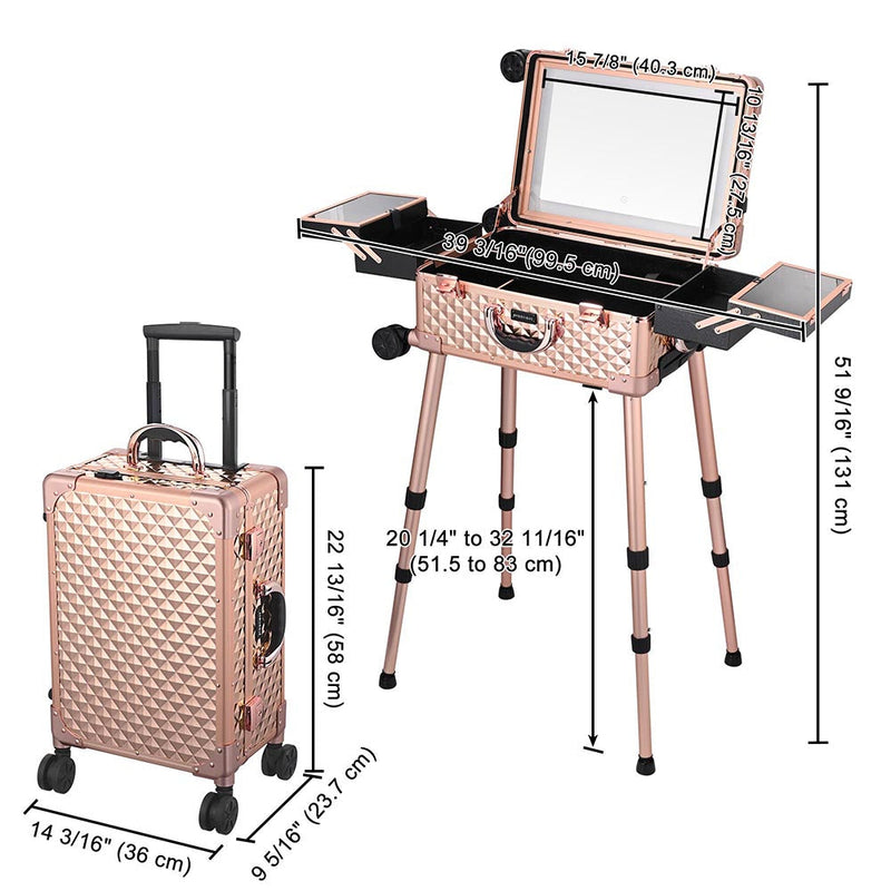 Byootique Rolling Studio Makeup Case with Lighted Mirror & Legs, L