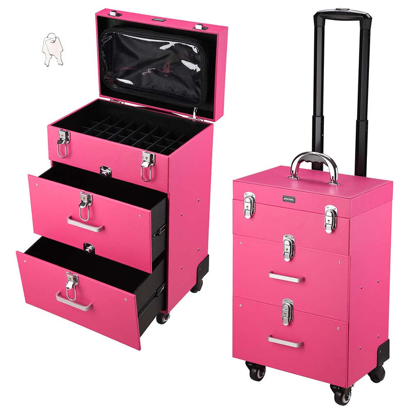 Byootique Pink Rolling Makeup Case with Drawers Nail Artist