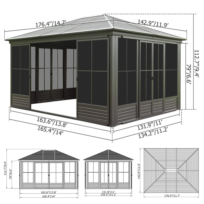 [12X14FT] Premium All-Weather Outdoor Aluminum Sunroom With Galvanized Steel Hardtop Sloping Roof, Lockable Doors, And Moveable PC Screens (SAK76831)