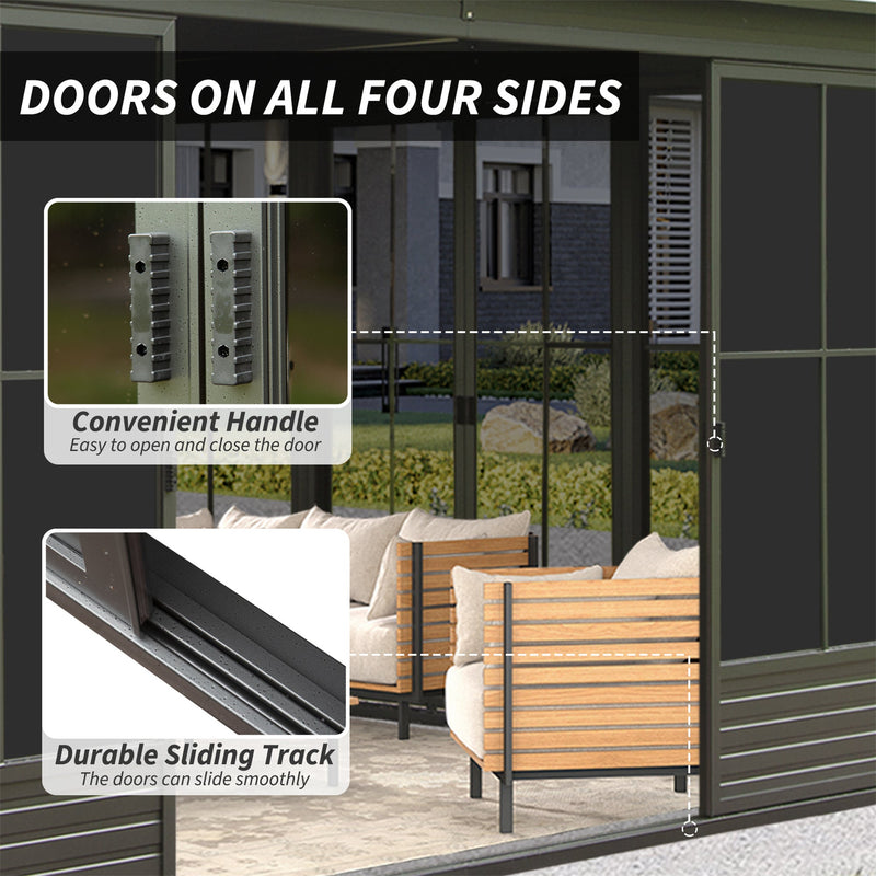 [12X14FT] Premium All-Weather Outdoor Aluminum Sunroom With Galvanized Steel Hardtop Sloping Roof, Lockable Doors, And Moveable PC Screens (SAK76831)