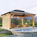 [12X14FT] Alora Modern Double-Tier Hardtop Spruce Wood Gazebo With Built-In Privacy Wall & Ceiling Hooks (SAK75086) by SAKSBY WHOLESALE
