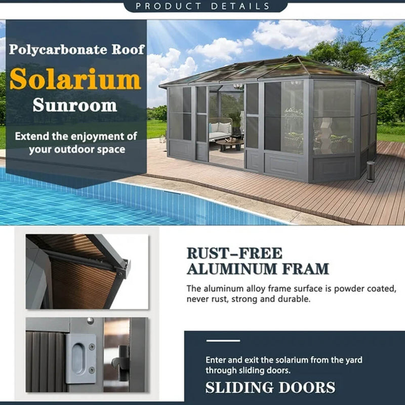 [12x18FT] Alora Large Luxury Outdoor All-Season Aluminum Solarium Sunroom With Polycarbonate Hardtop And Sliding Doors (SAK35948)