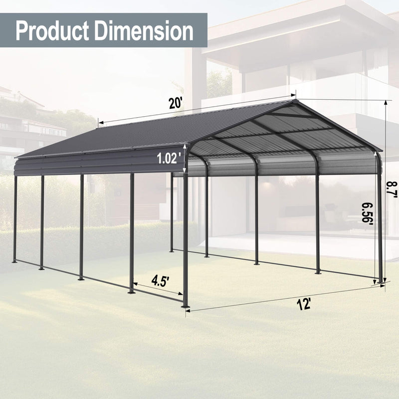 [12X20FT] Alora Heavy-Duty Metal Carport With Galvanized Steel Roof For Car, Boats And Trucks, Gray (SAK95562)