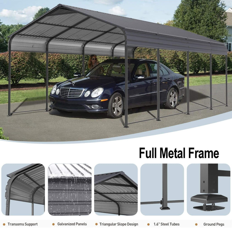 [12X20FT] Alora Heavy-Duty Metal Carport With Galvanized Steel Roof For Car, Boats And Trucks, Gray (SAK95562)