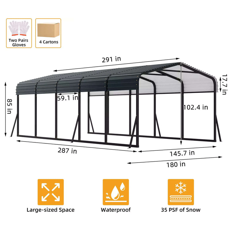 [12X24FT] Large Heavy Duty Outdoor Metal Carport Kit With Galvanized Steel Roof (SAK53849)
