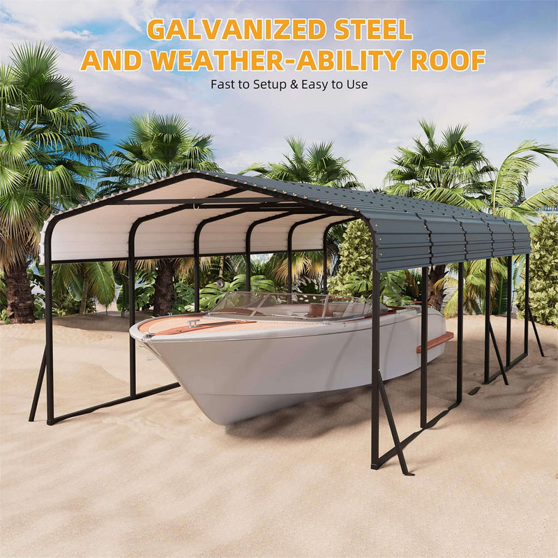 [12X24FT] Large Heavy Duty Outdoor Metal Carport Kit With Galvanized Steel Roof (SAK53849)