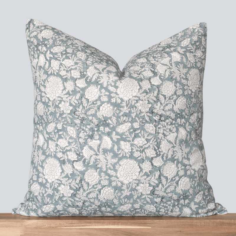 Chloe Floral Block Printed Pillow Cover | Blue