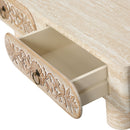 Rounded Edge Coffee Table with Flower Pattern Solid Wood Drawer
