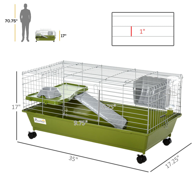 35"L Small Animal Cage, Rolling Bunny Cage, Guinea Pig Cage with Food Dish, Water Bottle, Hay Feeder, Platform, Ramp for Ferret Chinchilla, Green