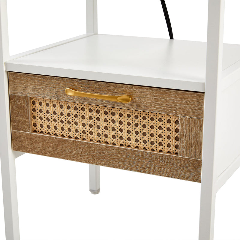 15.75" Rattan End table with Power Outlet & USB Ports, Modern nightstand with drawer and metal legs, side table for living room, bedroom,white(1 PC)