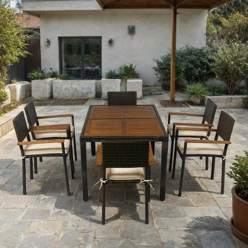 7 piece Outdoor Patio Wicker Dining Set Patio Wicker Furniture Dining Set w/Acacia Wood Top Brown Wicker + Cream Cushion