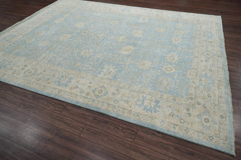 9x12 Blue, Beige Hand Knotted Afghan Oushak 100% Wool Traditional Oriental Area Rug