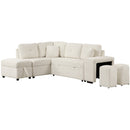 87.7" Convertible Sleeper, Sectional Pull Out Sofa Bed with Storage Ottoman, 2 Throw Pillows, 2 Stools, Wireless Charger and Two Hidden USB Ports for Living Room, Cream