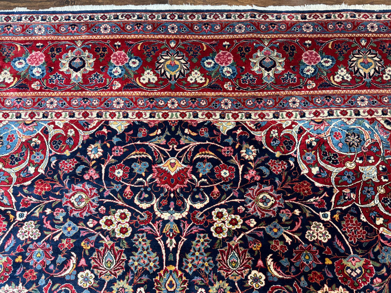 Navy Blue Persian Rug 9x12, Antique Persian Carpet, Kork Wool, 200 KPSI, Persian Kashan Rug