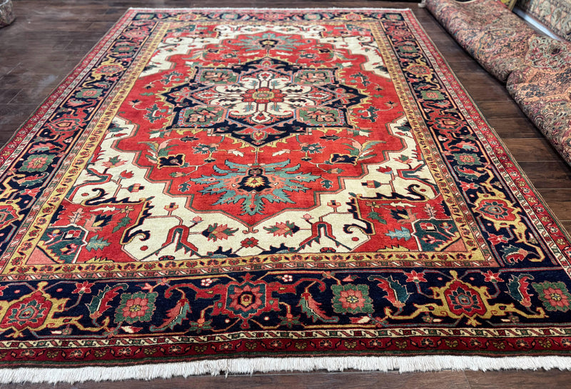 Persian Heriz Serapi Rug 8 x 10.6, Geometric Medallion, Great Colors, Rare, Red Navy Blue Ivory