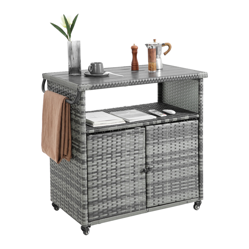 Outdoor Wicker Bar Cart, Patio Wine Serving Cart w/Wheels, Rolling Rattan Beverage Bar Counter Table w/Glass Top for Porch Backyard Garden Poolside Party, Light brown