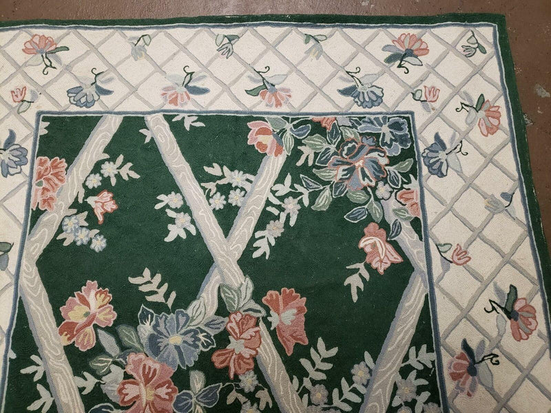 3' 6" X 5' 6" Hand Stitched Indian Wool Rug with Backing Green Beige